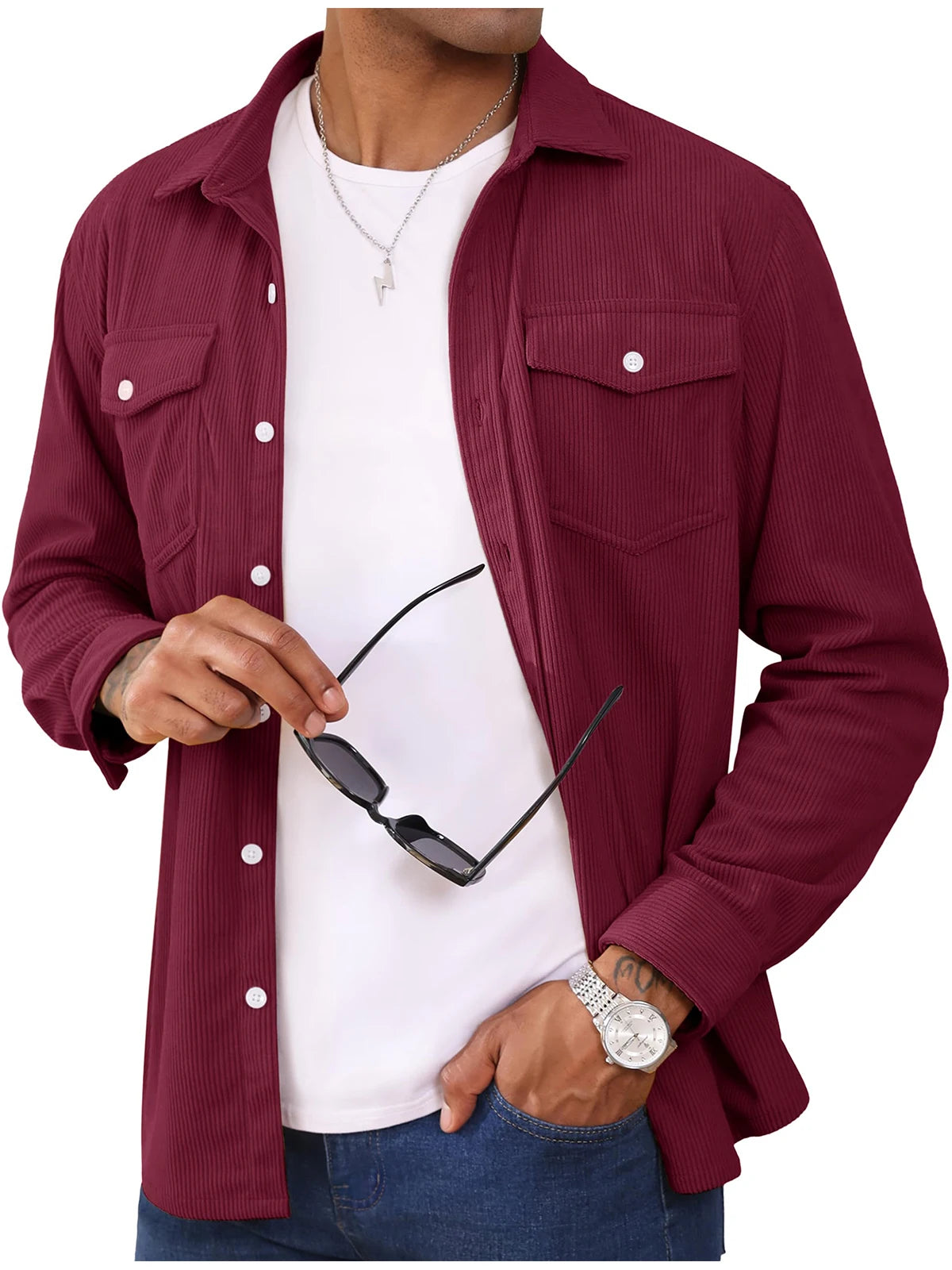 MAGCOMSEN Herren-Cordjacke, langärmelig, lässig, leichtes Hemd mit Brusttasche, Arbeit, Alltagsjacke, Frühlings- und Herbstmantel