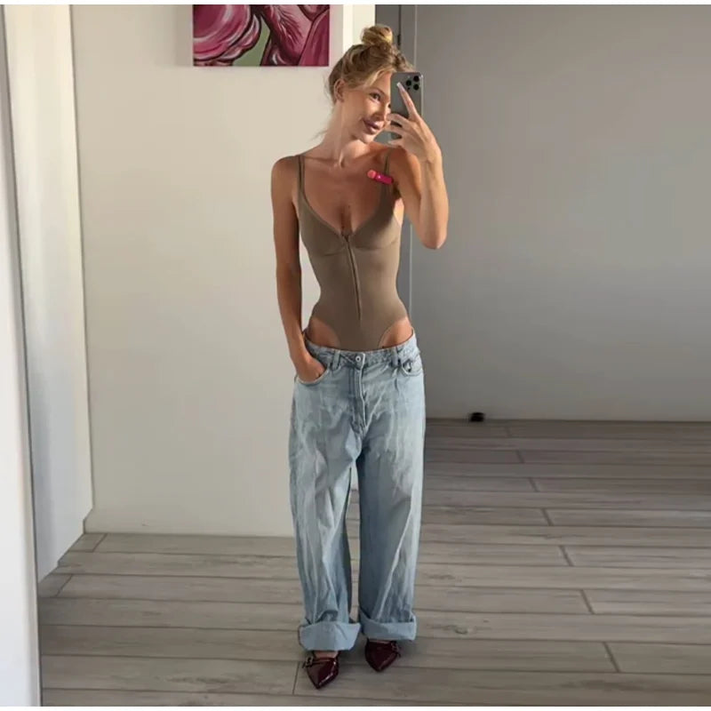 Sexy Schlanker Einfarbiger Korsett-Kurz-Jumpsuit für Damen V-Ausschnitt Reißverschluss Ärmellos Rückenfrei Bodysuit 2026 Frühling Sommer Damen Chic Bustier Neu