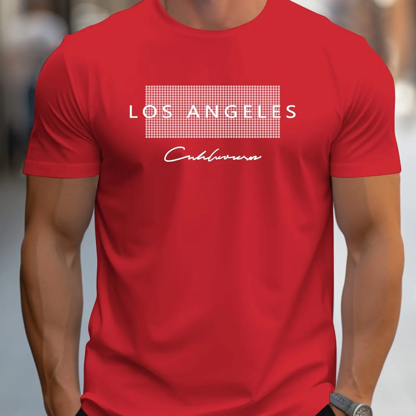 Herren-Sommer-T-Shirt mit lockerer Passform, groß, Los Angeles-Grafikdruck, schmale Passform, lässig, sportlich, Rundhalsausschnitt, kurzärmelig