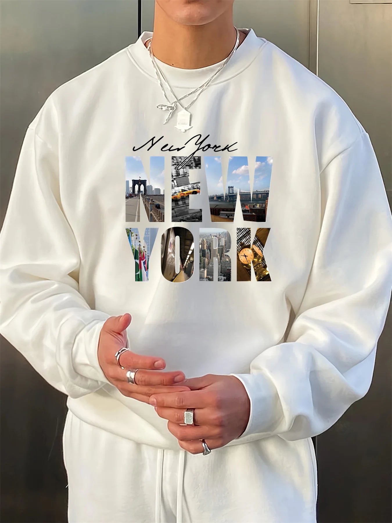 Men's autumn and winter fashionable casual loose New York City graphic printed long sleeved round neck sweatshirt