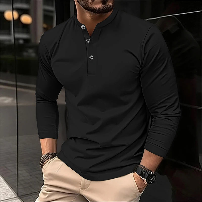 2025 männer Sommer Langarm Henry Polo Casual Atmungsaktiv Komfortable Polo-Shirt Solide Hohe Qualität Männliche T-Shirt Dropshipping