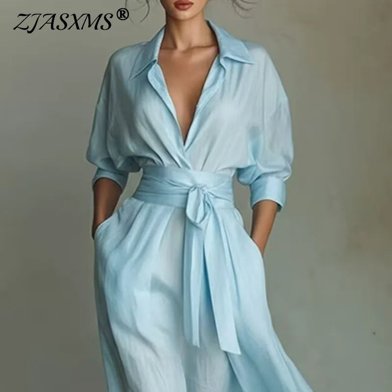 Böhmisches Elegantes Schnür-Maxikleid mit Hoher Taille für Damen Neues Umlegekragen-Kleid mit Ausschnitten für Partys Frühling 3/4 Ärmel Taschen-Maxikleid