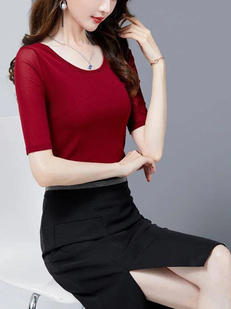 S-3XL Purple Blue Red Green Shirt Women Transparent Mesh Short Sleeve O-neck Thin T shirt Half Sleeve O Neck Female Blouses Tops