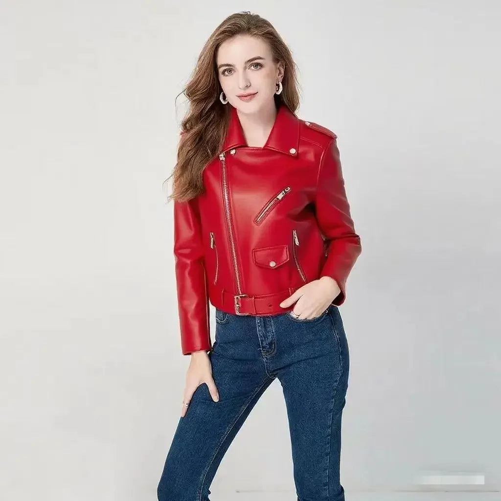 Damen-PU-Lederjacke, schmale Passform, Motorrad, gewaschener Reißverschluss, Oberteil, Herbst-Winter, modische Oberbekleidung, lässiger Stil, volle Ärmel