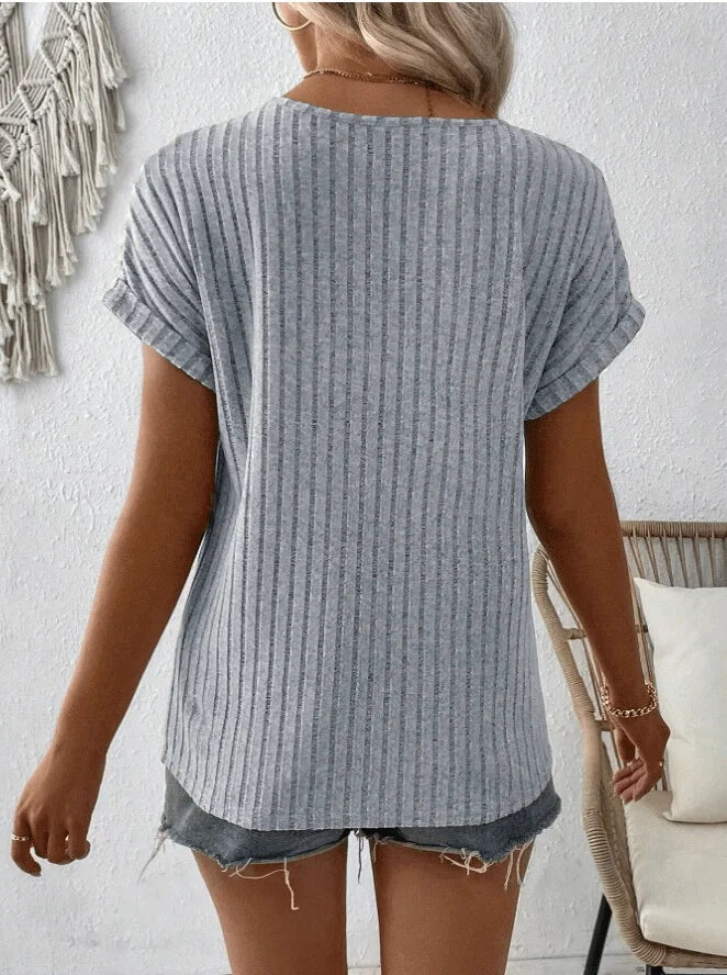 Frühling/Sommer neues einfarbiges geripptes Oberteil mit V-Ausschnitt und Knopfverzierung, elegantes T-Shirt für Damen S-2XL