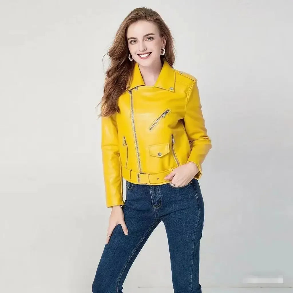 Damen-PU-Lederjacke, schmale Passform, Motorrad, gewaschener Reißverschluss, Oberteil, Herbst-Winter, modische Oberbekleidung, lässiger Stil, volle Ärmel