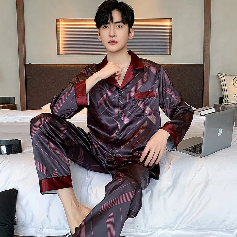 Hohe Qualität Pyjamas Set Männer Frühling Herbst Dünne Polyester Eis Seide Lange ärmeln Nachtwäsche Plus Größe Sommer Hause Kleidung männlichen