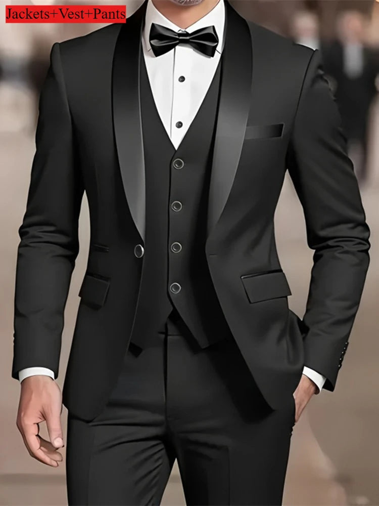 Formelles Anzugset für Herren, Business-Casual, Slim-Fit-Smoking für Hochzeit, langärmliges Revers mit Kerbe, Bräutigam