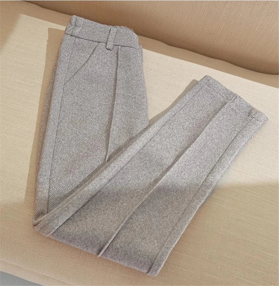 High Waist Wool Blend Pants Women Winter Thicken Plush Lined Harem Pantalones Office Casual Warm Ankle-length Woolen Spodnie