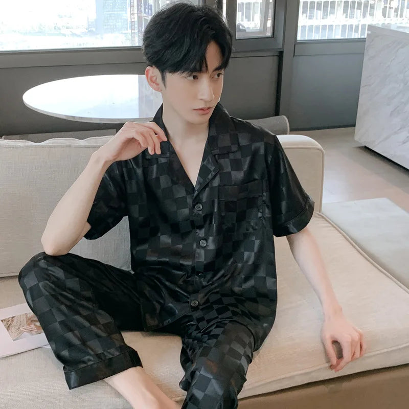 Hohe Qualität Pyjamas Set Männer Frühling Herbst Dünne Polyester Eis Seide Lange ärmeln Nachtwäsche Plus Größe Sommer Hause Kleidung männlichen
