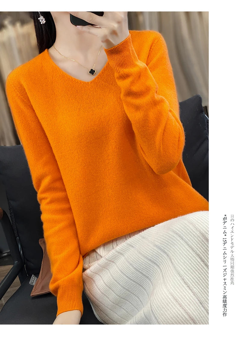 Frauen 100% Merinowolle Pullover V-Ausschnitt Basic Pullover Herbst Winter Kaschmir Kleidung Langarm weiche Strickwaren Tops einfarbig