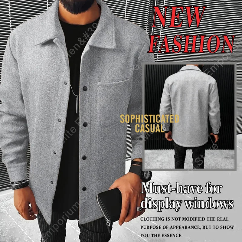 Men's Warm Brushed Jacket Lapel Button-Down Casual Coat for Autumn Winter Business，with Pocket