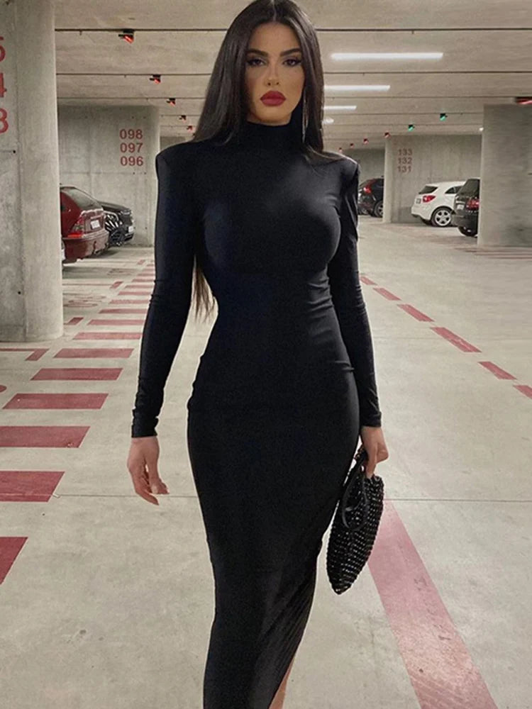 AHAgaga Winter Büro Dame Regelmäßige Sexy Bodycon Maxi Kleid Frauen Casual Langarm Schwarz Slim Kleider Frau Rollkragen Roben