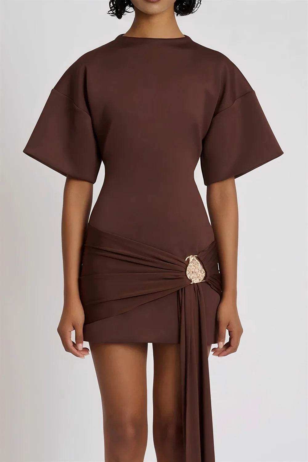 Apprabant Women Buckle Ruched Ribbon Mini Dress O-Neck Metal Short Sleeve Solid Color Silm Bodycon Short Dress Casual Partywear