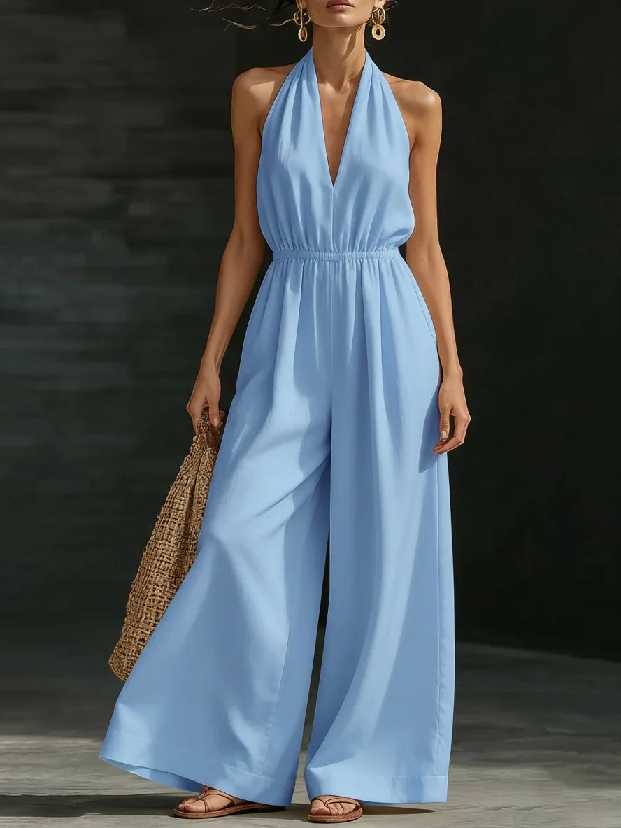 Damen 2026 Neuer V-Ausschnitt Neckholder-Jumpsuit – Designer-Overall im französischen Stil mit weitem Bein, schicker Büro-Casual-Einteiler
