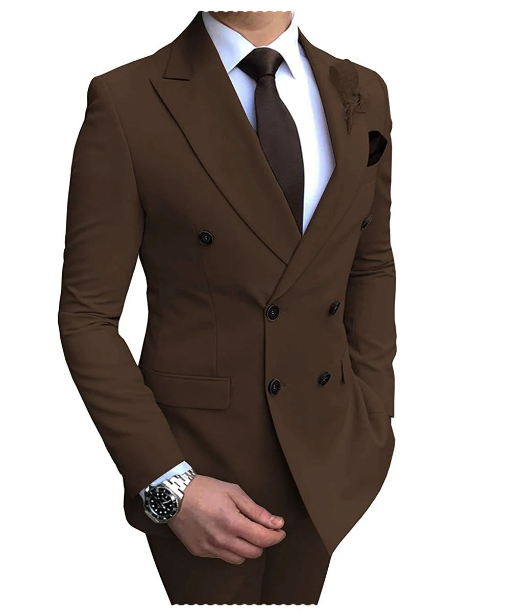 2024 Neuer beigefarbener Herrenanzug, 2-teilig, zweireihig, Reverskragen, flach, schmale Passform, lässiger Smoking für Hochzeit (Blazer + Hose)
