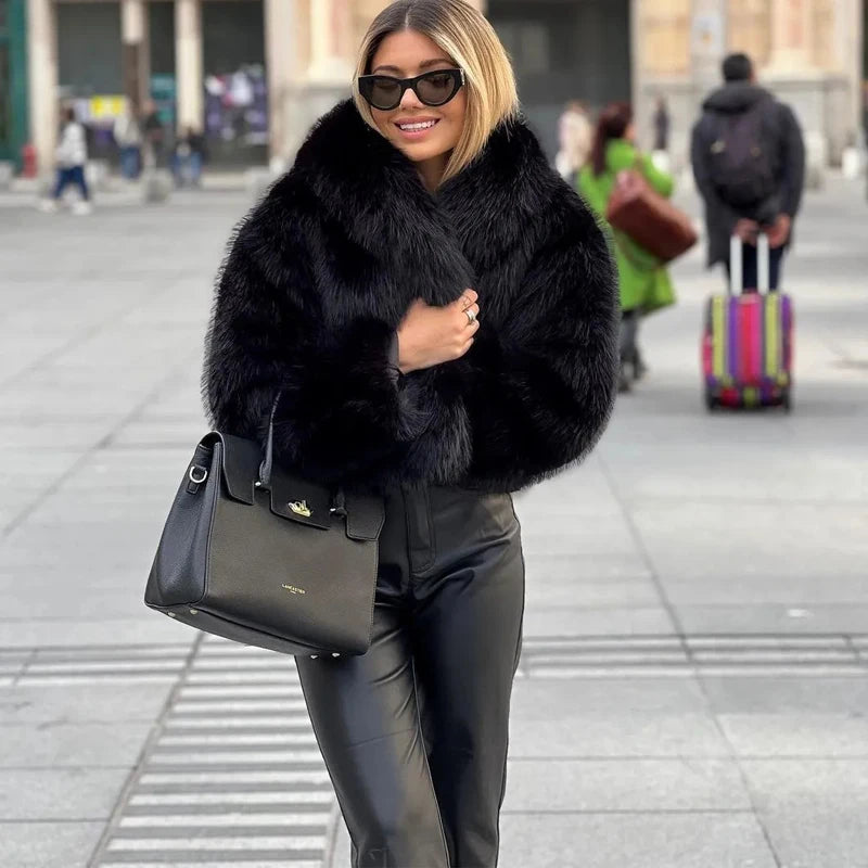 MUJER Schwarzer Kunstpelzmantel für Damen, Herbst-Winter-Plüschmäntel und Jacken, Streetwear-Outer, langärmelig, warme Damenmäntel