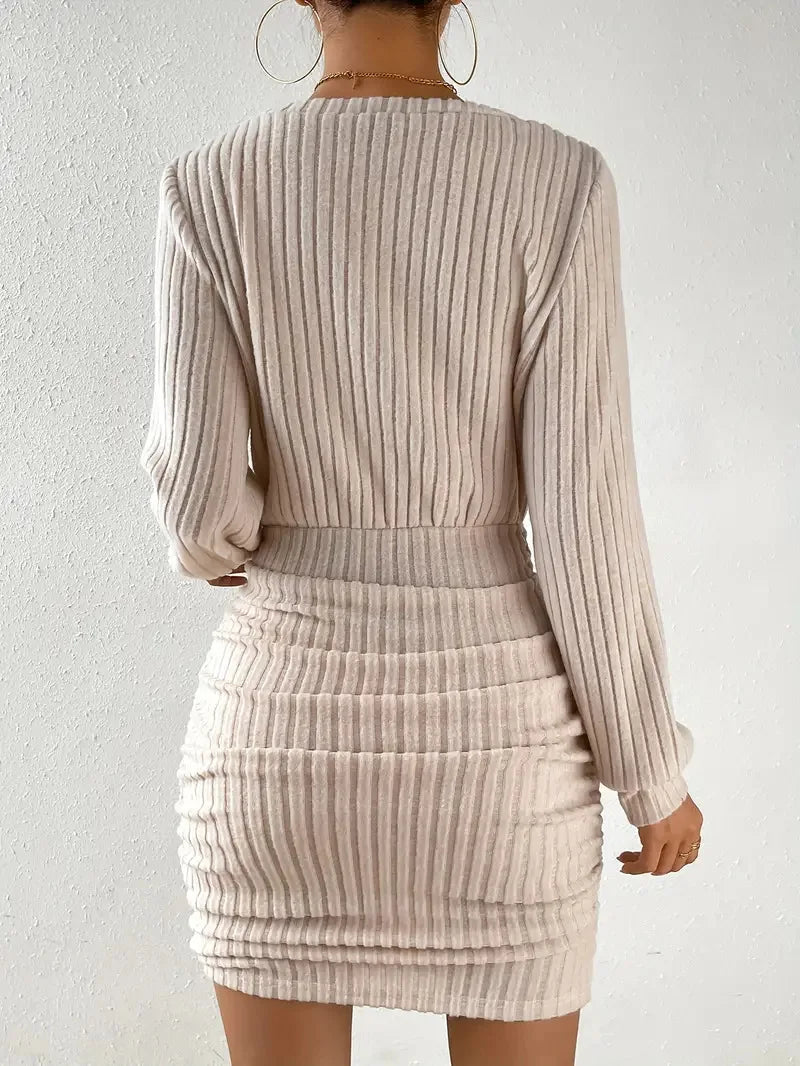 Frauen Herbst Winter Gestrickte Pullover Mini Kleid Weibliche Casual Solide Wrap V-ausschnitt Langarm Warme Bodycon Kurze Kleider Robe