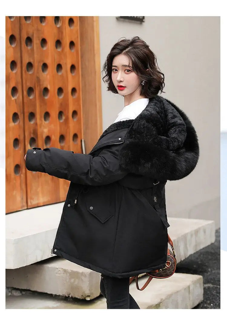 Frühling Parkas Frauen Mäntel Mittlere Länge Mantel Dicke Warme Mit Kapuze Kordelzug Jacken Splice Zipper Enge Taille Jacke Herbst Winter