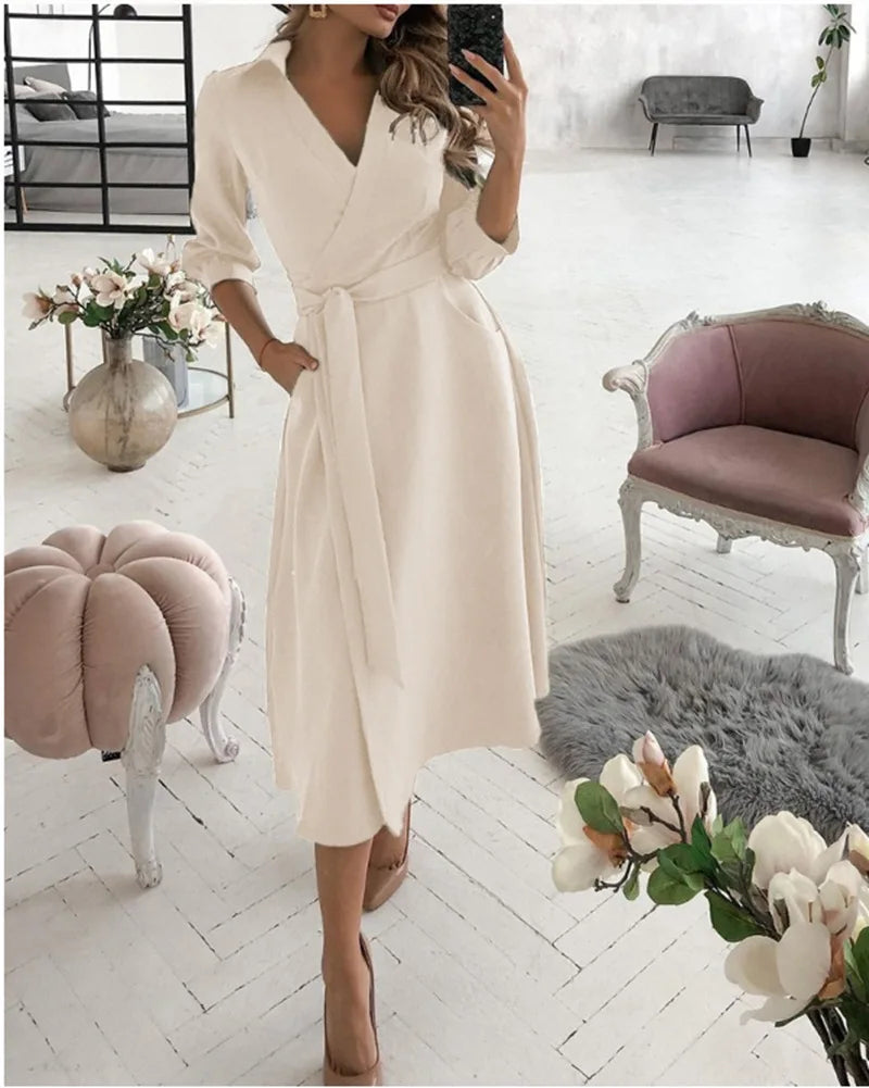 Herbst Neue Casual frauen Mode Lange ärmeln V-ausschnitt Gedruckt Muster Mid-länge Elegante Gedruckt frauen Kleid