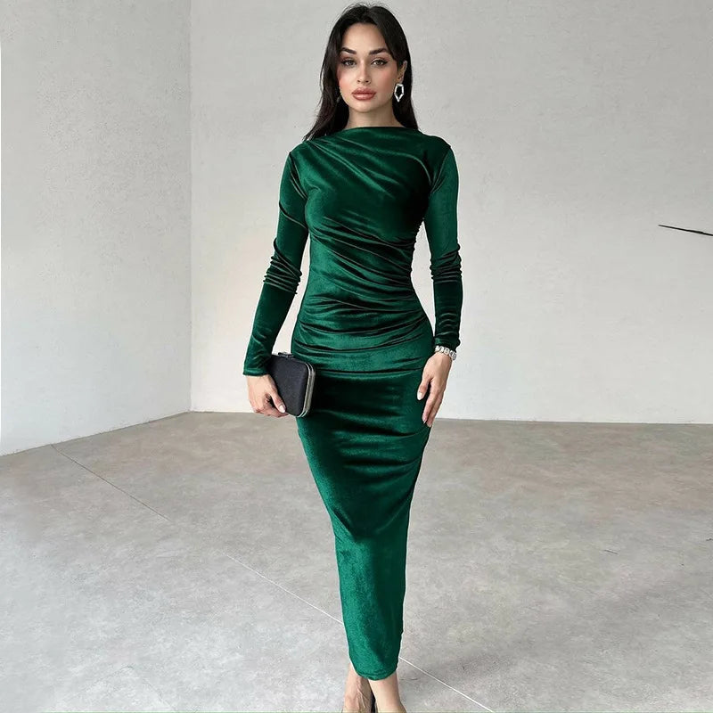 Dulzura 2024 Frühling Sommer Samt Langarm Midi Kleid Für Frauen Geraffte Lange Kleid Elegante Party Kleidung Abend Grün Outfits
