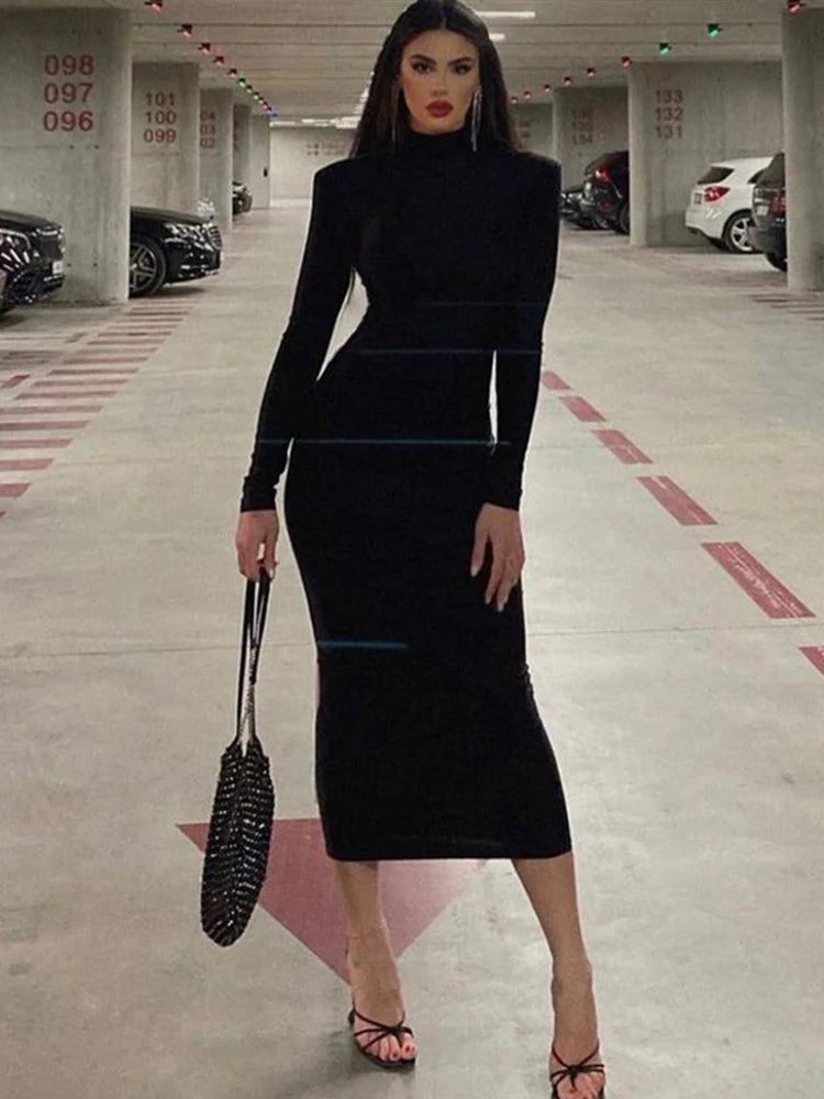 AHAgaga Winter Büro Dame Regelmäßige Sexy Bodycon Maxi Kleid Frauen Casual Langarm Schwarz Slim Kleider Frau Rollkragen Roben