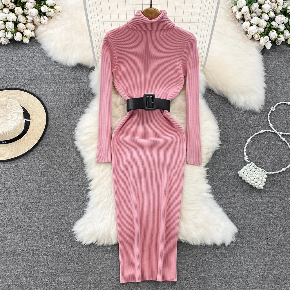 REALEFT Herbst Winter 2025, neue Rollkragen frauen Gestrickte Kleider mit Gürtel Langarm Elegante Bodycon Wrap Kleid Weibliche