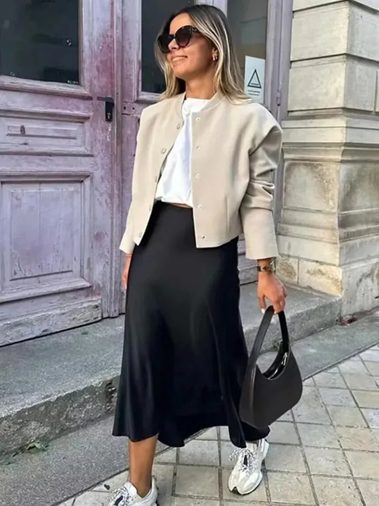 Willshela 2024 Schwarz Satin Rock Frau Hohe Taille Elegante Lange Röcke Für Frauen Mode Sommer Midi Rock Büro frauen Röcke