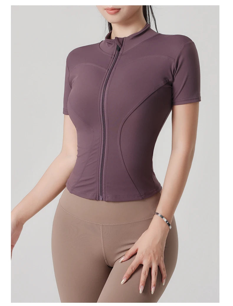Woman yoga Jacket High Elastic Yoga Short Sleeve Coat Stand Collar Tight Sports Coat Naked Fitness Short Sleeve Female