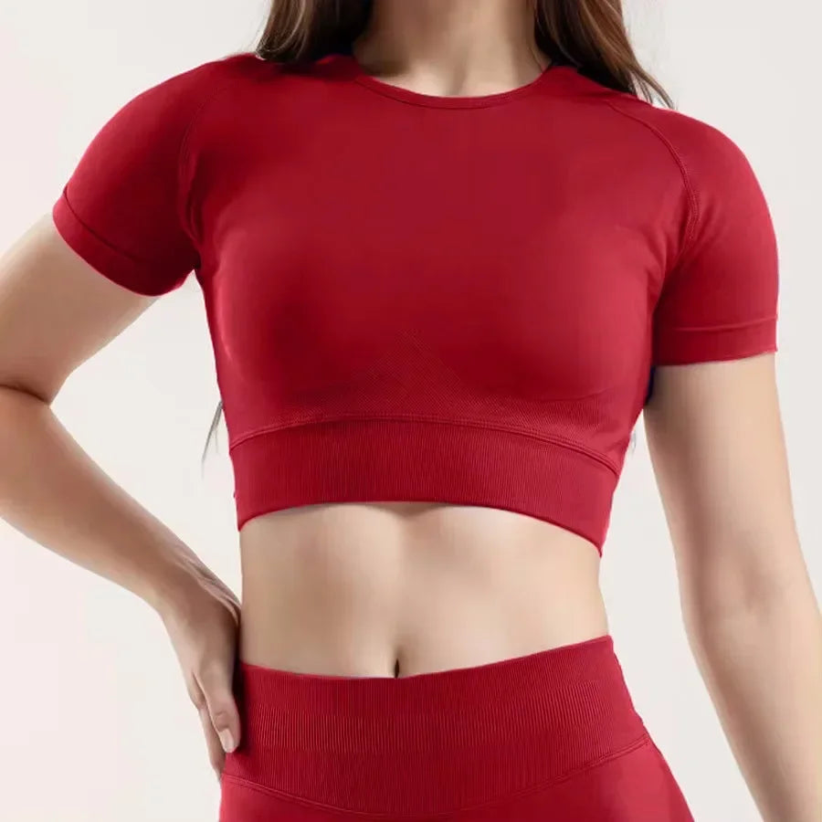 Sommer-Damen-Yoga-Top, einfarbig, kurzärmelig, mit freiliegendem Nabel, eng anliegend, Rundhalsausschnitt, für Fitnessstudio, Sport, kurzärmeliges T-Shirt