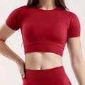 Sommer-Damen-Yoga-Top, einfarbig, kurzärmelig, mit freiliegendem Nabel, eng anliegend, Rundhalsausschnitt, für Fitnessstudio, Sport, kurzärmeliges T-Shirt