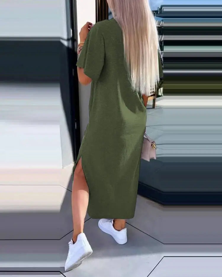 Fashion Simple O Neck Short Sleeve Solid Dress For Women New 2024 Summer Casual Loose Comfortable Split Long Dress Robe Femme