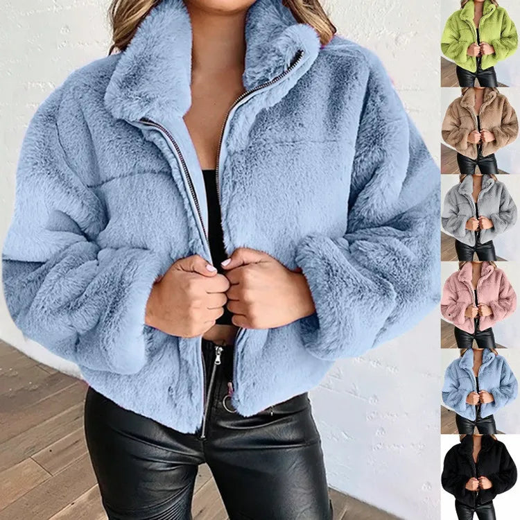 2025, Winter frauen Warme Jacke Zipper Strickjacke Faux Pelz Mode Langarm Stehen Kragen Plüsch Mantel für Weibliche