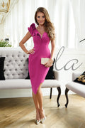 Frauen Sexy Rüschen, Figurbetontes Kleid, ärmellos, V-Ausschnitt, Party, Club, Midikleid, lässig, einfarbig, Hüftwickelkleid