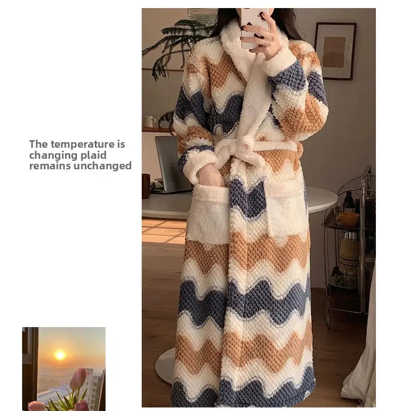 Verdickte Korallen Fleece Robe frauen V-ausschnitt Gürtel Langarm Mid-länge Süße Stil Warme Hause Kleidung Winter Saison
