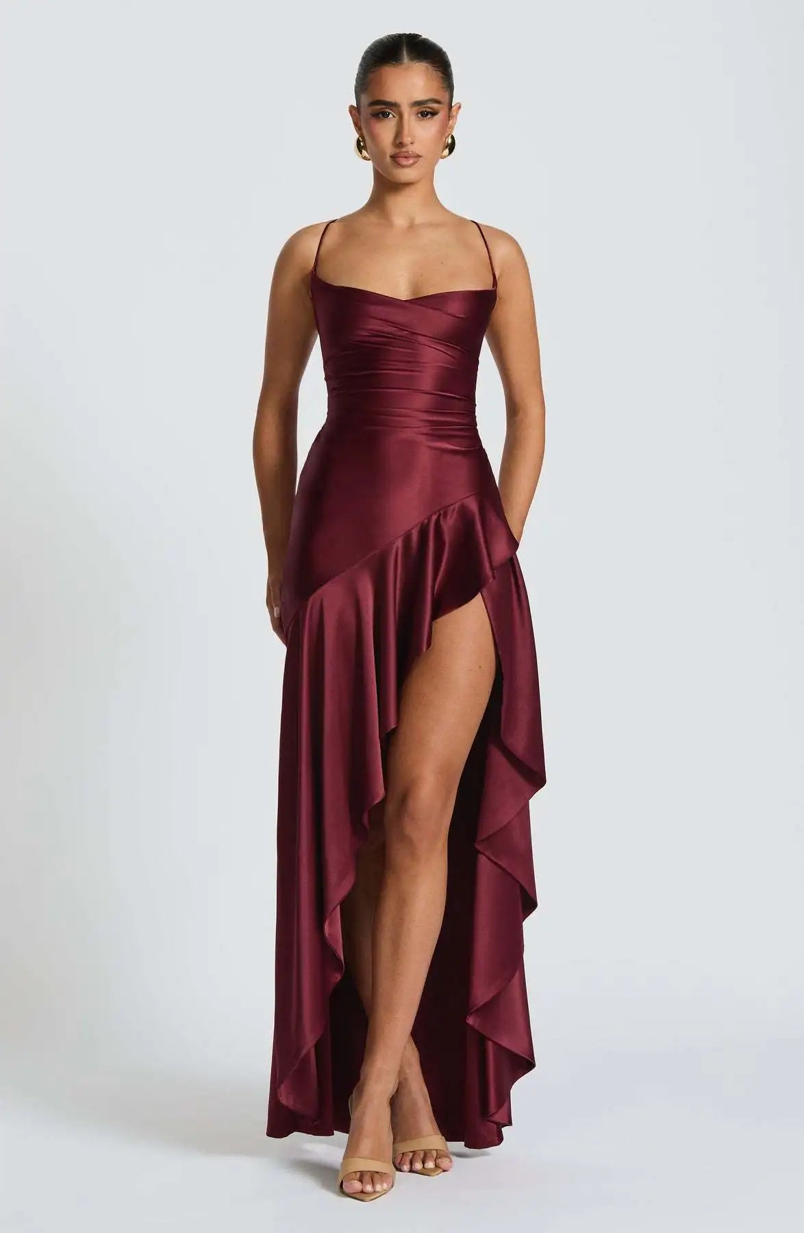 Sommer Kleider Für Frau Sexy Vestidos Schlank Backless Elegante Abendkleid Schlitz Einfarbig Spaghetti Strap Leace-up Temperament