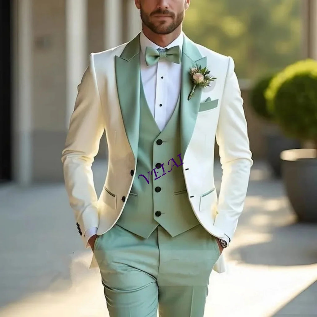 Weißer und mintgrüner formeller Herrenanzug, Bräutigam, Trauzeuge, Hochzeit, Party, Abschlussball, Business, männlicher Smoking, 3-teiliges Set, Blazer, Weste, Hose