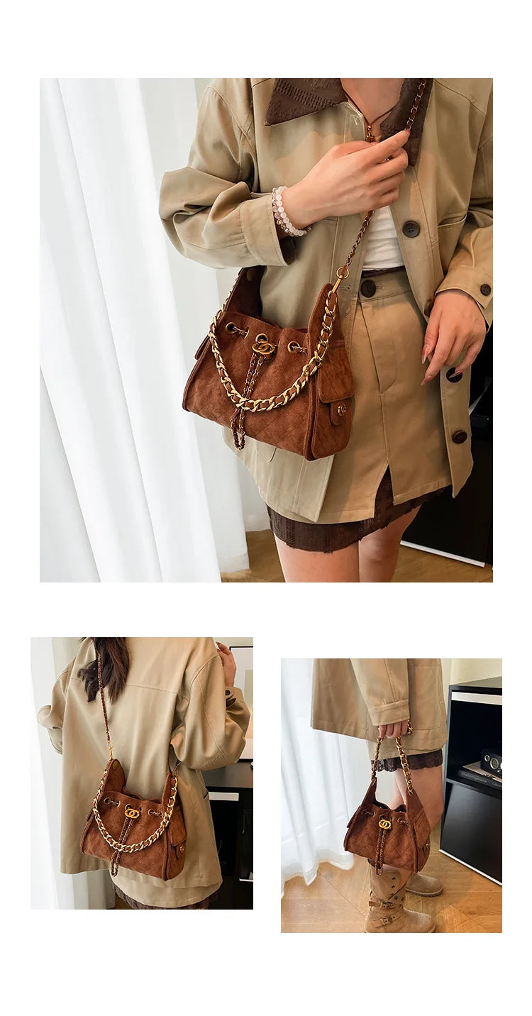 Trendy Geometric Chain Underarm Bag Women's Shoulder Bag Commuter Crossbody Bag Versatile PU Bucket Bag Autumn New Style