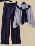 Elegantes 2-Teiliges Damen-Outfit, Gestreiftes Langarm-Hemd mit Abnehmbarem Schal + Hochtaillierte Weite Hose, Lässiges Büro-Set