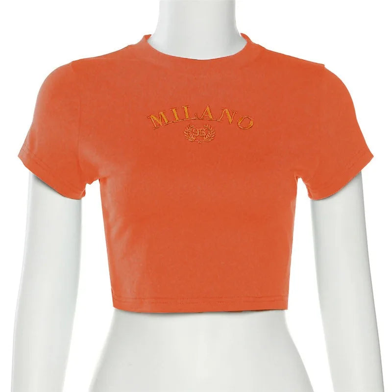 Women's T-shirt Clothese Short Sleeve Black Crop Top Harajuku Letter Embroidery T Shirt Female Summer Sexy O-Neck Cropped Tops