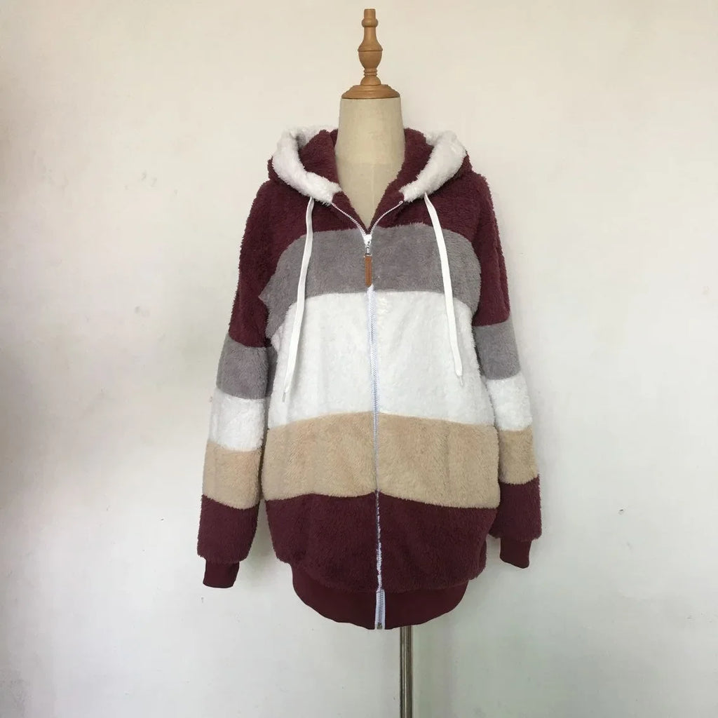 Warme Fleece-Übergroße Kapuzenjacke für Damen, Herbst und Winter, verdickte Reißverschlusstasche, Patchwork-Kleidung, bequemes Sweatshirt