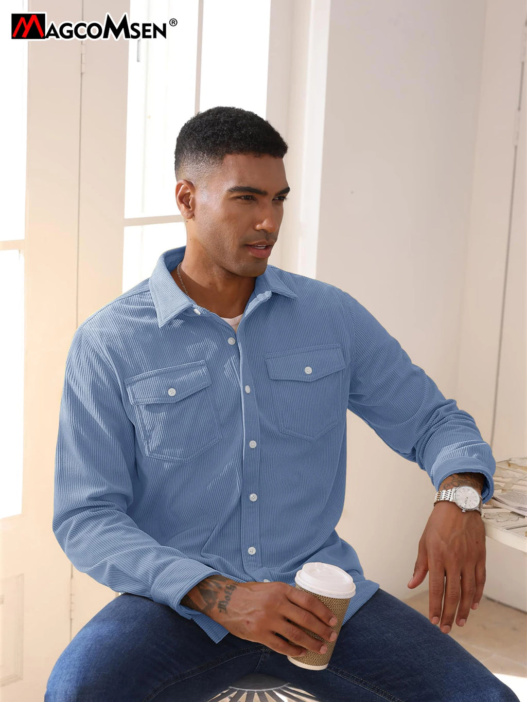MAGCOMSEN Men's Corduroy Jacket Long Sleeve Casual Light Shirt with Chest Pocket Work Daily Jacket Spring and Autumn Coat