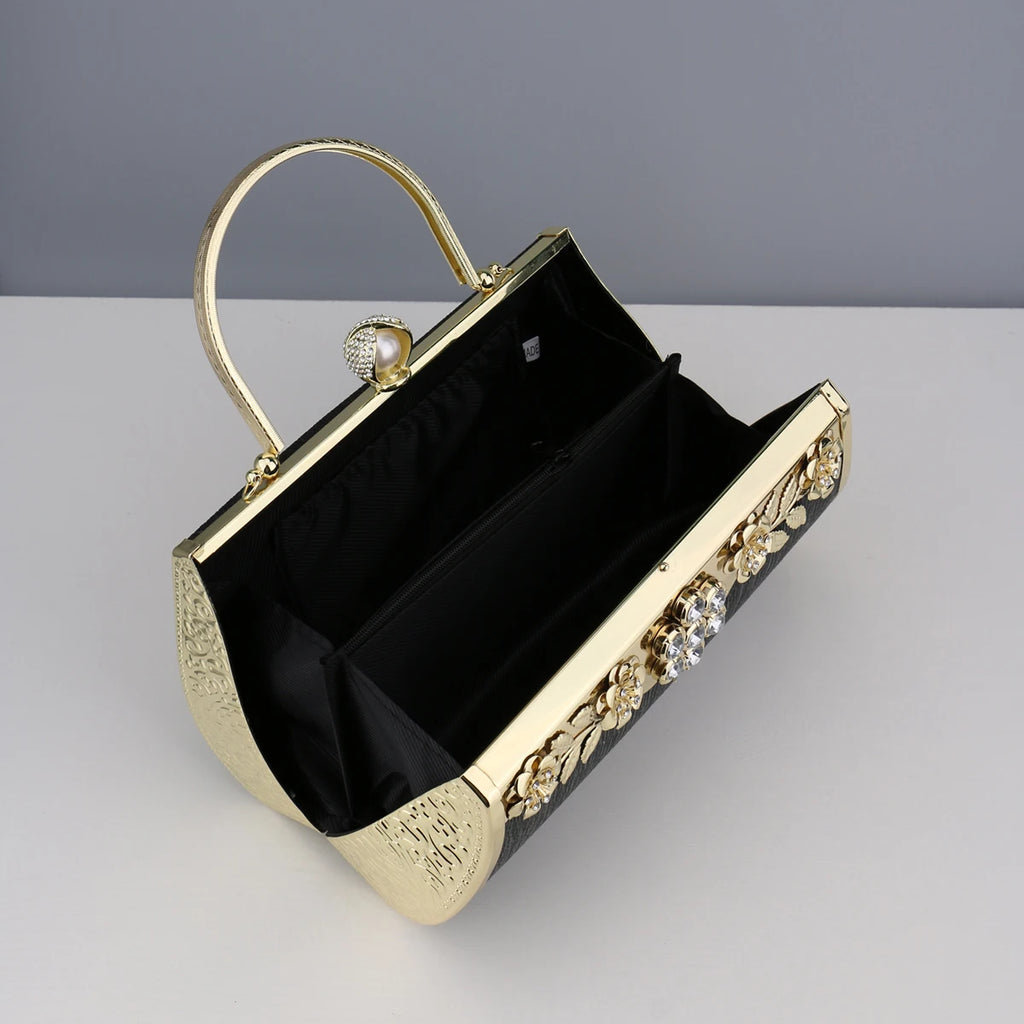 Luxuriöse goldene Abendtaschen, Damen-Eimer, kleine Clutch mit Diamanten, Handtaschen, Geldbörse mit Blumenmuster