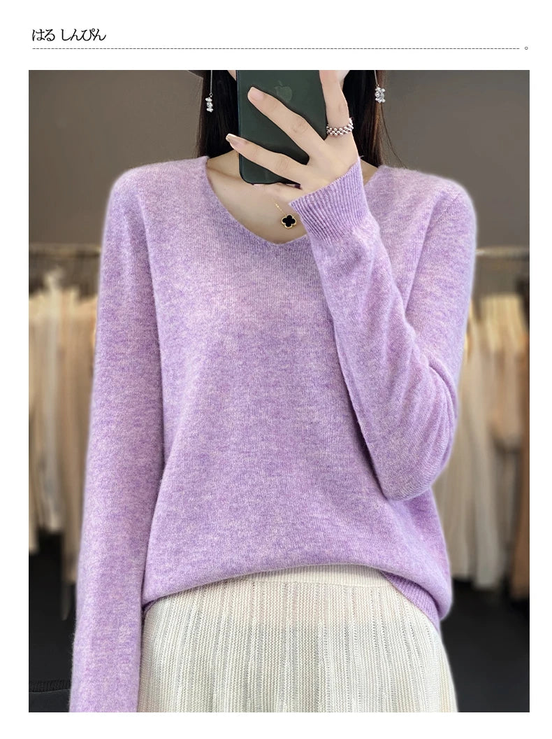 Frauen 100% Merinowolle Pullover V-Ausschnitt Basic Pullover Herbst Winter Kaschmir Kleidung Langarm weiche Strickwaren Tops einfarbig