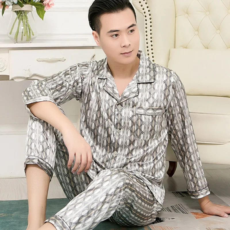 Hohe Qualität Pyjamas Set Männer Frühling Herbst Dünne Polyester Eis Seide Lange ärmeln Nachtwäsche Plus Größe Sommer Hause Kleidung männlichen