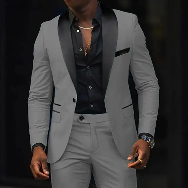 Lässige 2-teilige Herren-Hochzeitsanzüge, solide Slim-Fit, Schalkragen, Blazer, Hose, Designs, Party, Abschlussball, Anzüge, Trauzeuge, Business-Kleidung