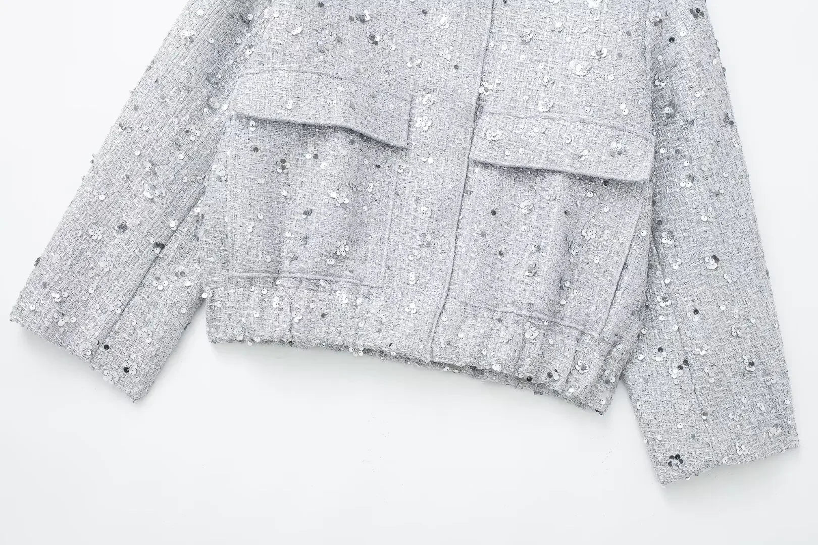 Women's Sequined Bomber Jacket Fall New Round Neck Long Sleeve Pocket Stretch Hem Sequins Jacket Coat Female Chic Outerwear