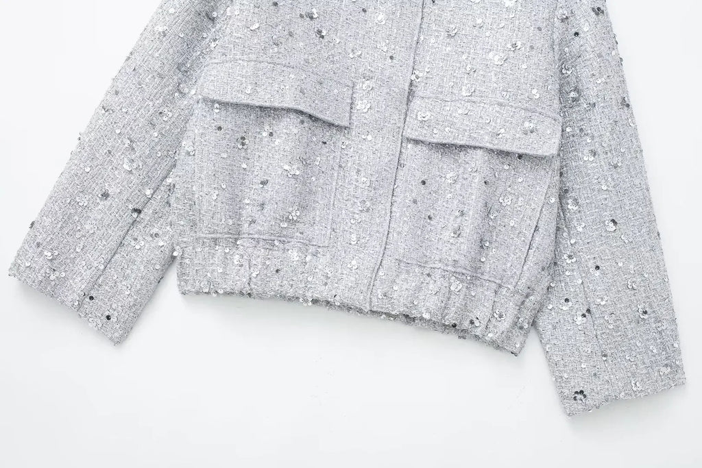 Damen Pailletten Bomber jacke fallen neue Rundhals ausschnitt Langarm Tasche Stretch Saum Pailletten Jacke Mantel weibliche schicke Oberbekleidung