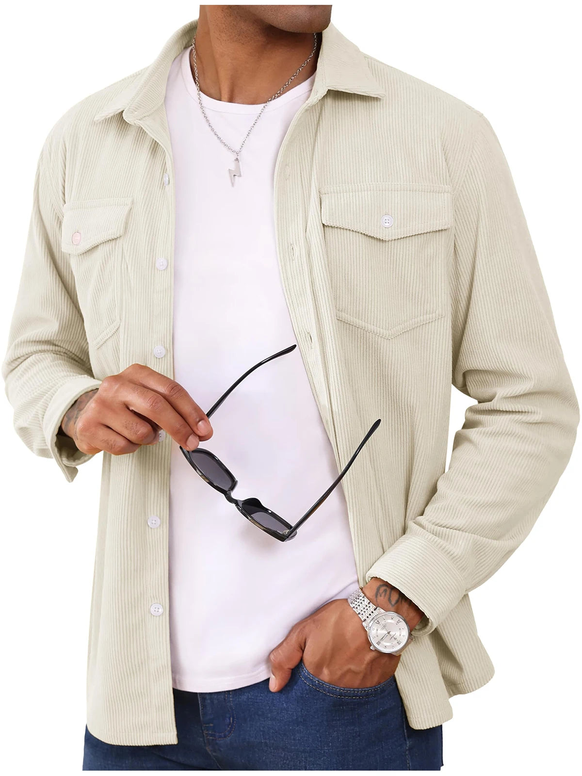 MAGCOMSEN Herren-Cordjacke, langärmelig, lässig, leichtes Hemd mit Brusttasche, Arbeit, Alltagsjacke, Frühlings- und Herbstmantel