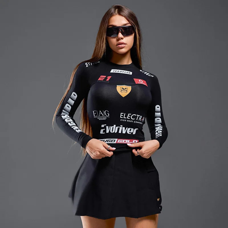 Oshfall European and American hot girls 2024 autumn new motorcycle style letter print round neck long sleeve slim women's tops